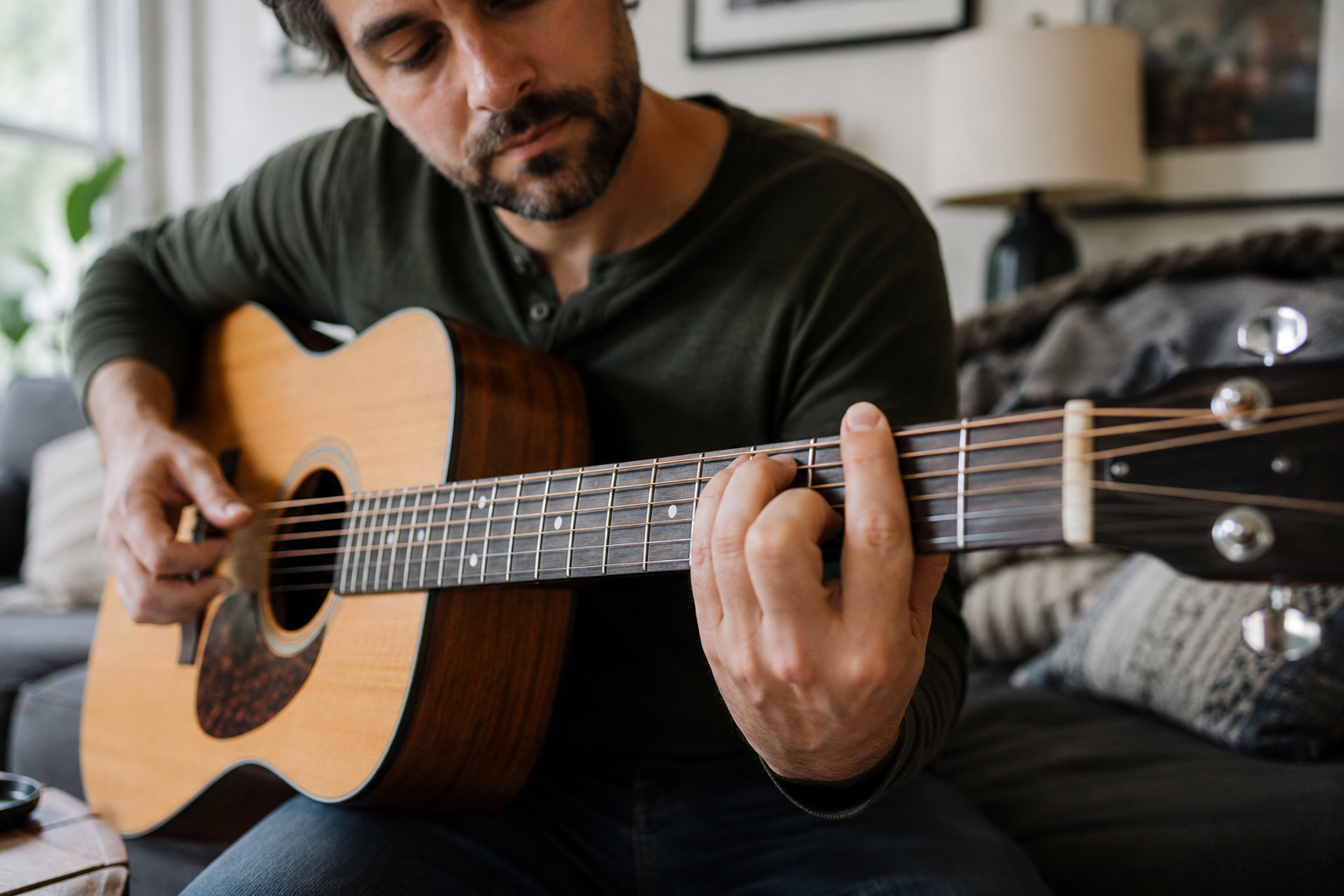 Guitarist practicing an acoustic riff on the couch